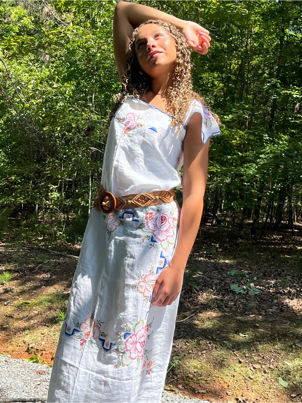 Hand Crafted vintage tablecloth White Maxi Dress with colorful Floral Embroidery